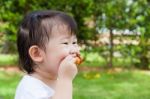 Closeup Little Asian (thai) Girl Enjoy Eating Her Lunch Stock Photo