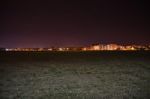 Night Public Park In The City With Houses Near Stock Photo