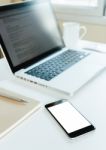 Phone Blank Screen On Workspace Table Stock Photo