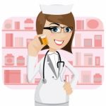 Cartoon Girl Pharmacist Showing Medicine Bottle Stock Photo