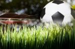 Soccer Football On Green Field With Stadium Background Stock Photo