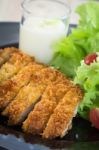 Deep Fried Breaded Pork Rice With Salad Stock Photo