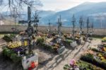 Cemetery Of The Parish Church In Villanders Stock Photo