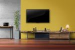 Led Tv On Concrete Wall With Wooden Furniture In Living Room Stock Photo