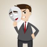 Cartoon Angry Businessman Under Happy Mask Stock Photo