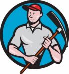 Construction Worker Pickaxe Circle Cartoon Stock Photo