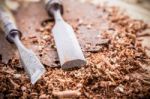 Carpenter Tools In Pine Wood Table Stock Photo