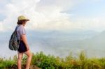 Tourist Teen Girl On Phu Chi Fa Mountain Stock Photo