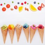 Various Of Ice Cream Flavor In Cones Blueberry ,strawberry ,pist Stock Photo