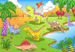 Cute Dinosaurs In Prehistoric Scene Stock Photo