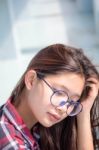 Portrait Of Thai Teen Glasses Beautiful Girl Relax And Smile Stock Photo