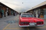 Old Vintage Red Car At Night Market, Srinakarin Road, Thailand Stock Photo