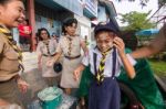 Student 9-10 Years Old, Welcome To Boy Scout Camp In Bangkok Thailand Stock Photo