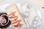 Selection Of Fresh Cream Cake Dessert Plate Stock Photo