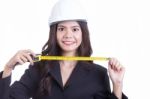 Engineer Girl Holding Cartridges Meters Stock Photo