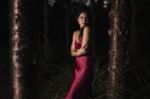 Beautiful Young Woman In The Gardens Wearing A Long Silk Red Dress Stock Photo