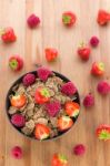 Bran Flakes With Fresh Raspberries And Strawberries Stock Photo