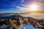 Winter Landscape With Sunset And Foggy In Deogyusan Mountains, South Korea Stock Photo