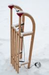 Wooden Sled For A Kid Stock Photo