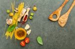 Italian Food Concept. Spaghetti With Ingredients Sweet Basil ,to Stock Photo