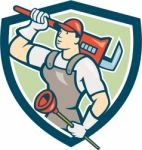 Plumber Holding Wrench Plunger Shield Cartoon Stock Photo