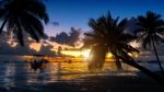 Tropical Beach On Sunset With Silhouette Palm Trees Stock Photo