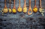 Italian Foods Concept And Menu Design. Various Kind Of Pasta Far Stock Photo