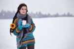 Beautiful Young Woman In A Sweater On A Winter Walk With A Cup O Stock Photo