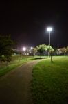 Night Public Park In The City With Houses Near Stock Photo