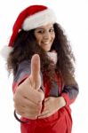 Christmas Woman Showing Thumb Up Stock Photo