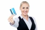 Smart Business Lady Holding Credit Card Stock Photo