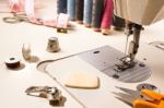 Tailor, Tailoring Table And Utensils Stock Photo