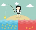 Business Concept, Business Woman Fishing Coins By Using Idea Stock Photo