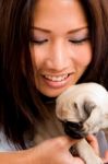 Female Playing With Puppy Stock Photo