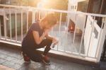 Sports Women Relax Time And Drinking Water Stock Photo