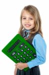 Cheerful Kid Holding Big Green Calculator Stock Photo