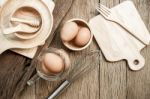 Egg, Chicken Egg In Wood Bowl, Top View Stock Photo