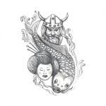 Viking Carp Geisha Head Tattoo Stock Photo