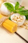 Italian Traditional Basil Pesto Pasta Ingredients Stock Photo