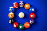 Billiard Balls In A Blue Pool Table Stock Photo