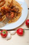 Italian Seafood Spaghetti Pasta On Red Tomato Sauce Stock Photo