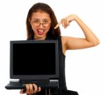 Girl Pointing Computer Screen Stock Photo