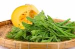 Pumpkin And Leaf  On Wicker Tray Isolated Stock Photo