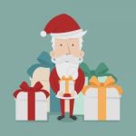 Santa Claus Standing Gift Boxes Falling Down Around Him Stock Photo