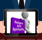 Religion And Spirituality Book With Character Displays Religious Stock Photo