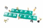 Miniature Worker Team Building Word Happy New Year On White Back Stock Photo