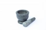 Stone Mortar And Pestle On White Background Stock Photo