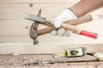 Carpenter Tools In Pine Wood Table Stock Photo