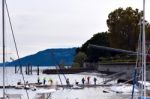 Destroyed  By Thunderstorm Piers With Boats In Verbania, Italy Stock Photo