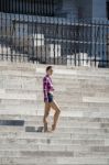 Ballerina Posing On The Steps Of The Hungarian Parlaiament Build Stock Photo